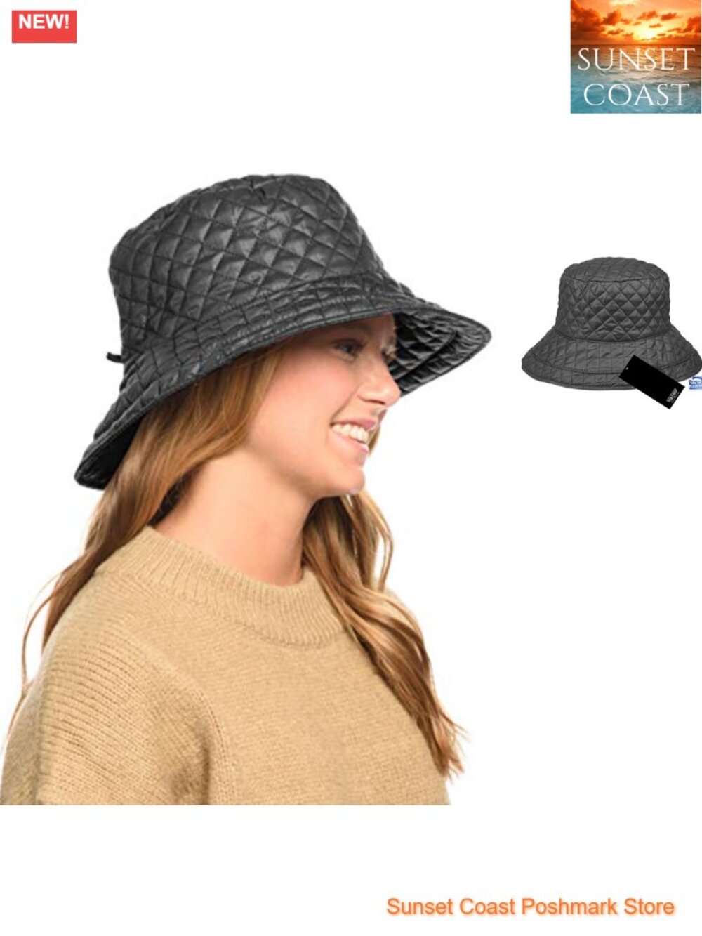 Water Repellent Quilted Rain Hat Foldable Bucket Cap Adjustable Drawstring